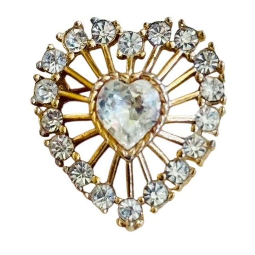 VTG Crown Trifari signed Heart Pin Brooch Burst Crystal Rhinestone Gold Tone 50s